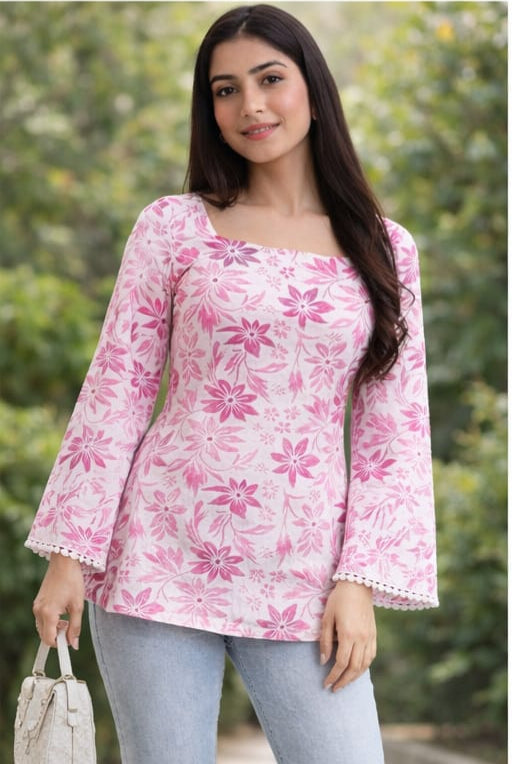 Women's Pink Floral Cotton Bell Sleeve Top | Square Neck Casual Summer & Winter Top