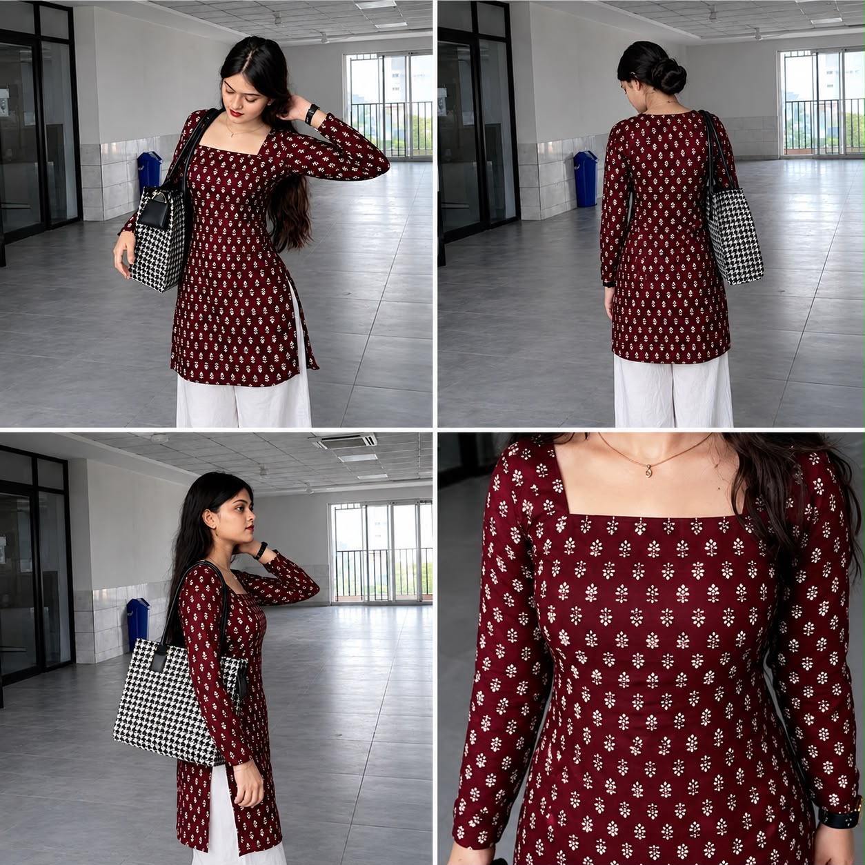 Women's Maroon Printed Square Neck Kurti Top | Full Sleeve Straight Fit Tunic | AgrawalHeritage