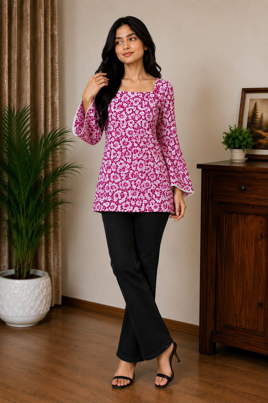 Pink Floral Square Neck Bell Sleeve Top for Women | Casual Printed Tunic | AgrawalHeritage