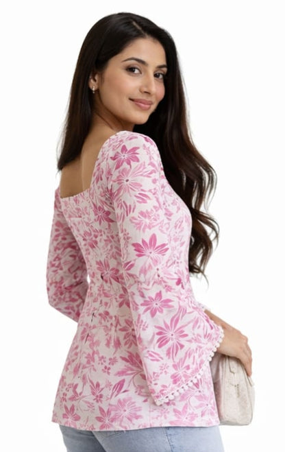 Women's Pink Floral Cotton Bell Sleeve Top | Square Neck Casual Summer & Winter Top