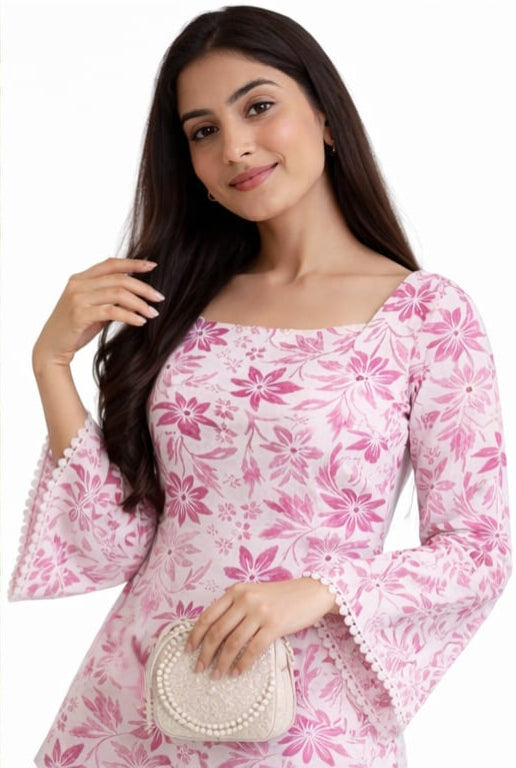 Women's Pink Floral Cotton Bell Sleeve Top | Square Neck Casual Summer & Winter Top