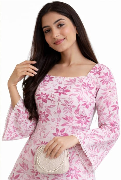 Women's Pink Floral Cotton Bell Sleeve Top | Square Neck Casual Summer & Winter Top