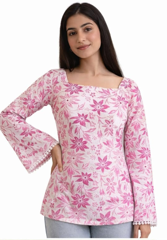Women's Pink Floral Cotton Bell Sleeve Top | Square Neck Casual Summer & Winter Top