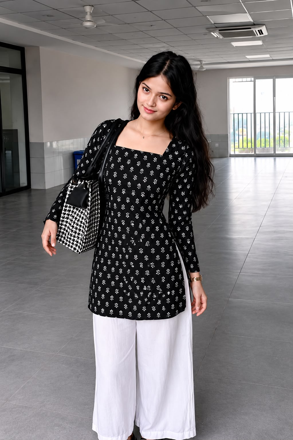 Women's Black Floral Printed Cotton Tunic Kurti | Square Neck Straight Fit Top | AgrawalHeritage