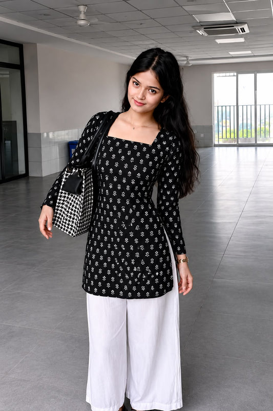 Women's Black Floral Printed Cotton Tunic Kurti | Square Neck Straight Fit Top | AgrawalHeritage
