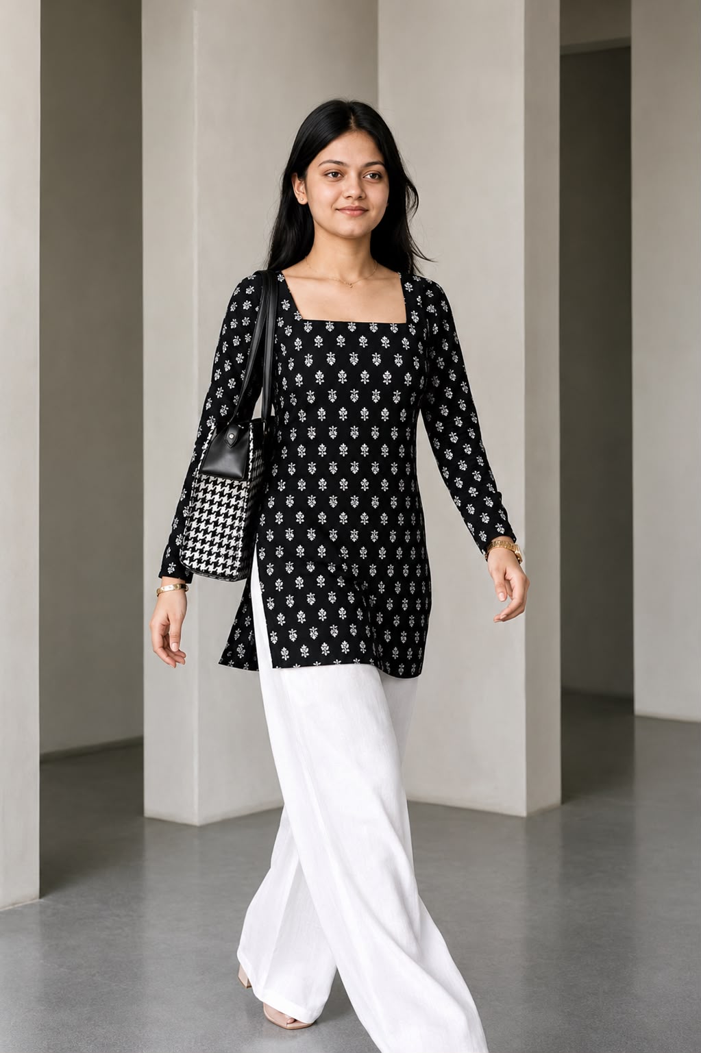 Women's Black Floral Printed Cotton Tunic Kurti | Square Neck Straight Fit Top | AgrawalHeritage