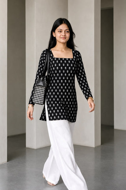 Women's Black Floral Printed Cotton Tunic Kurti | Square Neck Straight Fit Top | AgrawalHeritage