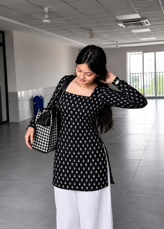 Women's Black Floral Printed Cotton Tunic Kurti | Square Neck Straight Fit Top | AgrawalHeritage