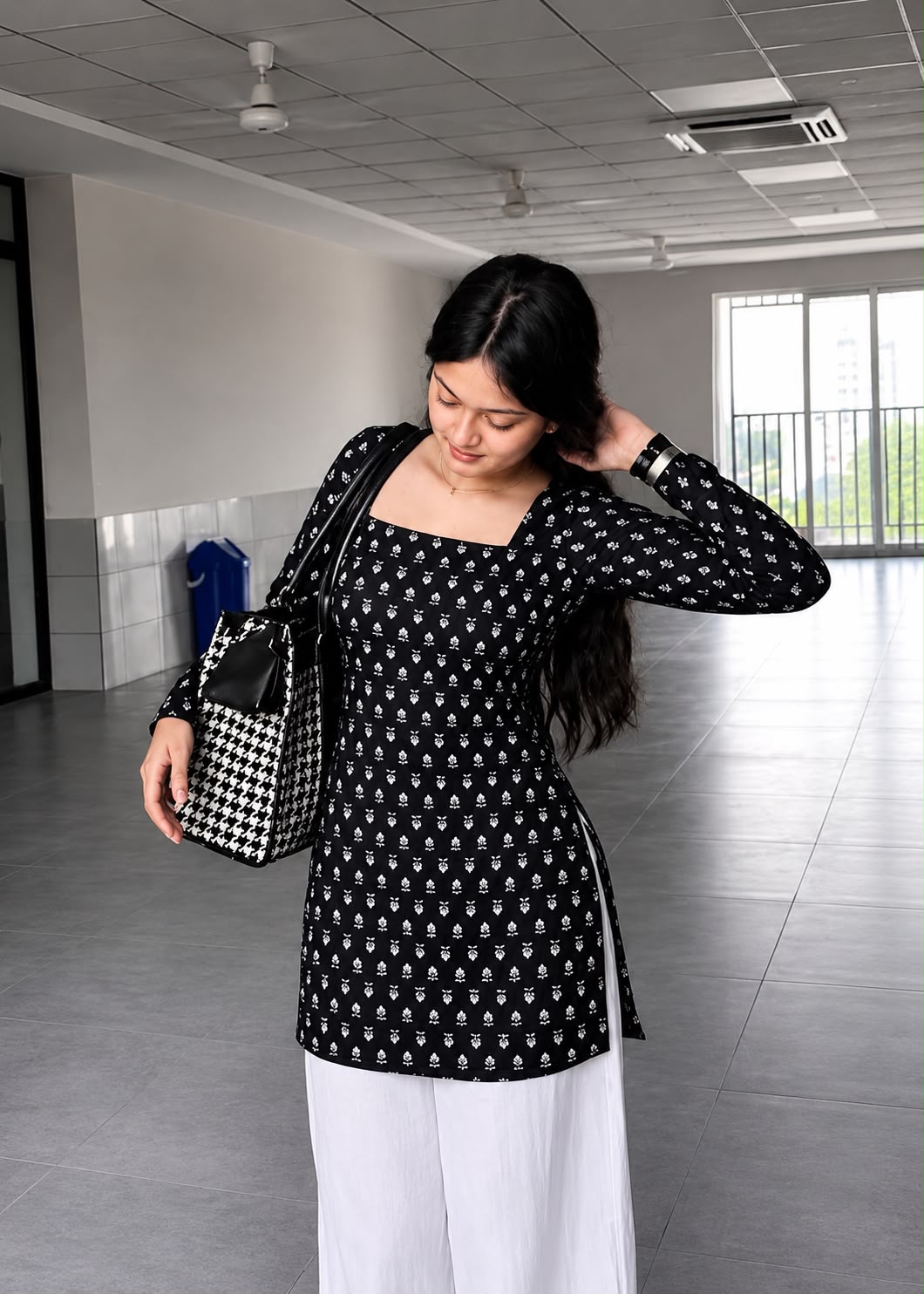 Women's Black Floral Printed Cotton Tunic Kurti | Square Neck Straight Fit Top | AgrawalHeritage