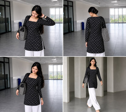 Women's Black Floral Printed Cotton Tunic Kurti | Square Neck Straight Fit Top | AgrawalHeritage