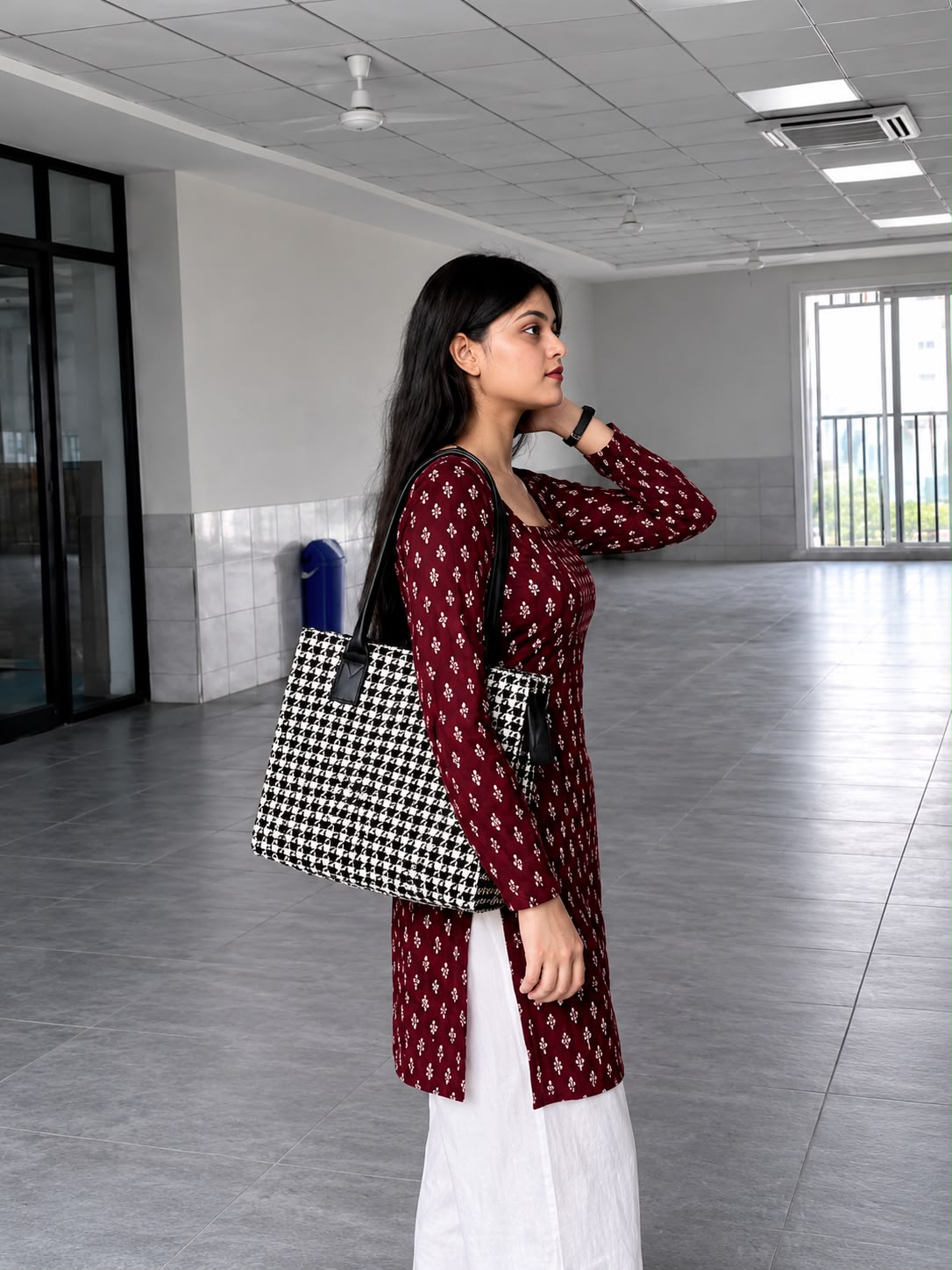 Women's Maroon Printed Square Neck Kurti Top | Full Sleeve Straight Fit Tunic | AgrawalHeritage