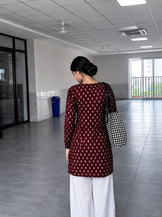 Women's Maroon Printed Square Neck Kurti Top | Full Sleeve Straight Fit Tunic | AgrawalHeritage