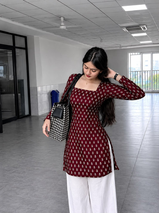 Women's Maroon Printed Square Neck Kurti Top | Full Sleeve Straight Fit Tunic | AgrawalHeritage