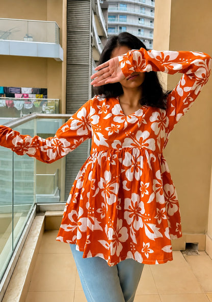 Women's Orange Floral Peplum Top | V-Neck Long Sleeve Casual Top | AgrawalHeritage