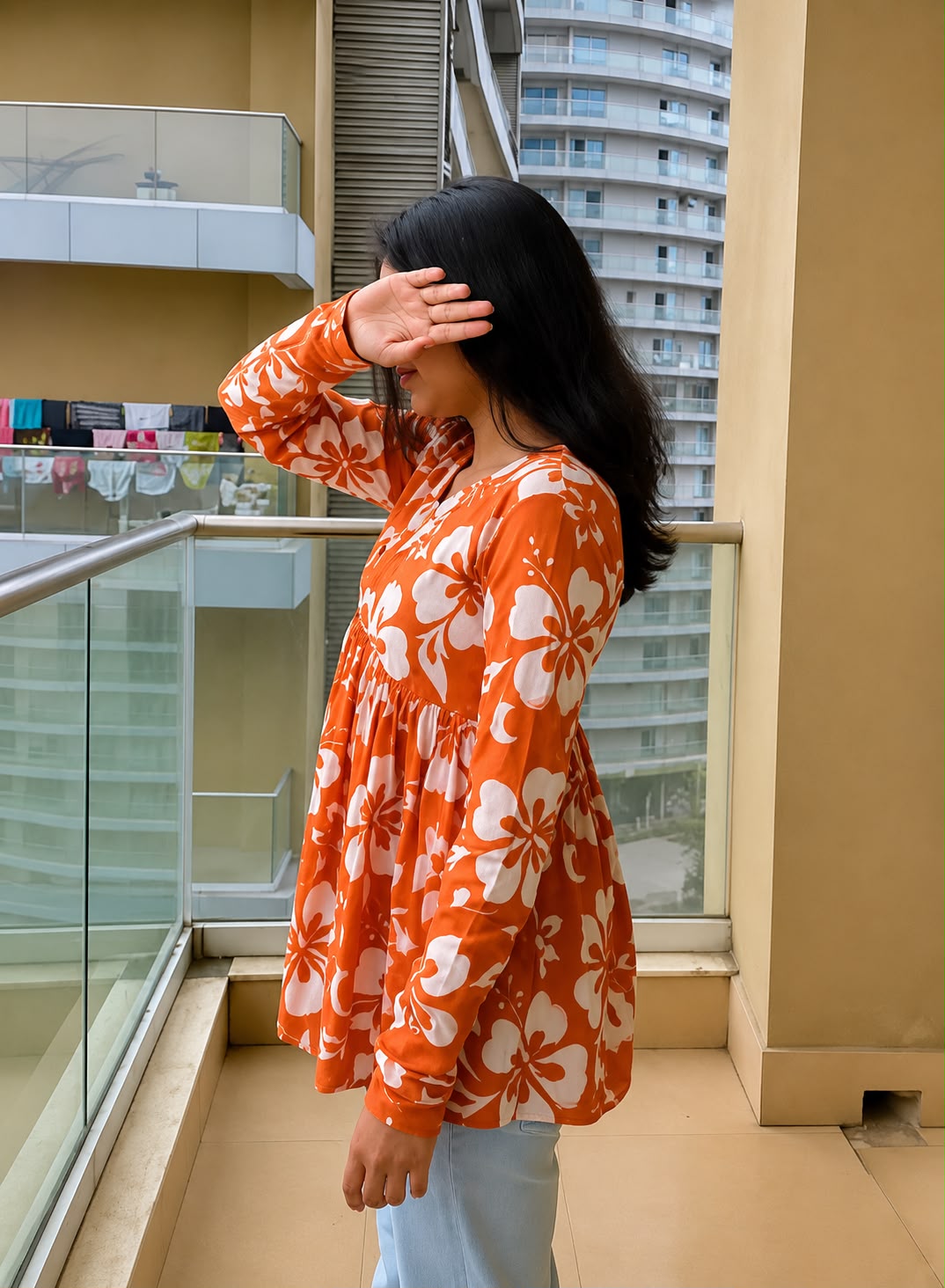 Women's Orange Floral Peplum Top | V-Neck Long Sleeve Casual Top | AgrawalHeritage