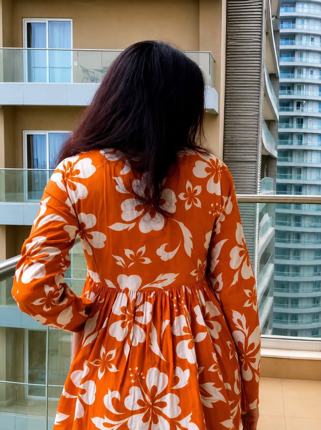 Women's Orange Floral Peplum Top | V-Neck Long Sleeve Casual Top | AgrawalHeritage