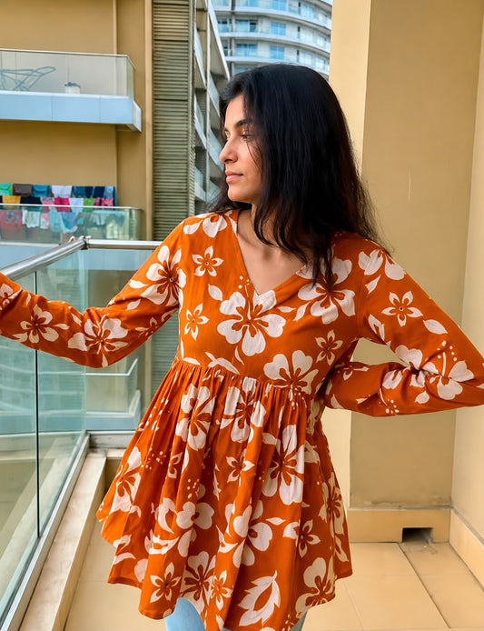 Women's Orange Floral Peplum Top | V-Neck Long Sleeve Casual Top | AgrawalHeritage