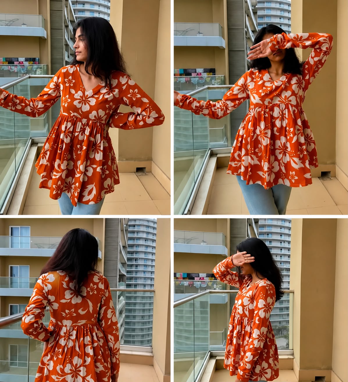 Women's Orange Floral Peplum Top | V-Neck Long Sleeve Casual Top | AgrawalHeritage
