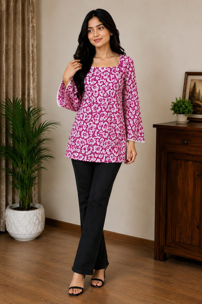 Pink Floral Square Neck Bell Sleeve Top for Women | Casual Printed Tunic | AgrawalHeritage