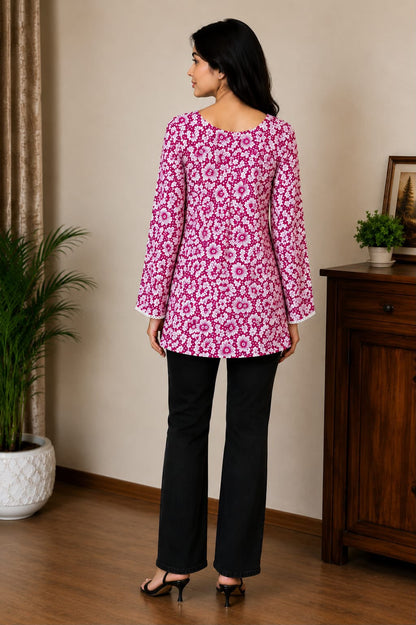 Pink Floral Square Neck Bell Sleeve Top for Women | Casual Printed Tunic | AgrawalHeritage
