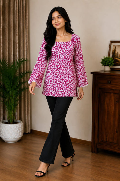 Pink Floral Square Neck Bell Sleeve Top for Women | Casual Printed Tunic | AgrawalHeritage
