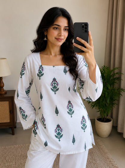 Women's White Floral Printed Cotton Tunic Kurti | Casual Straight Fit Top | AgrawalHeritage