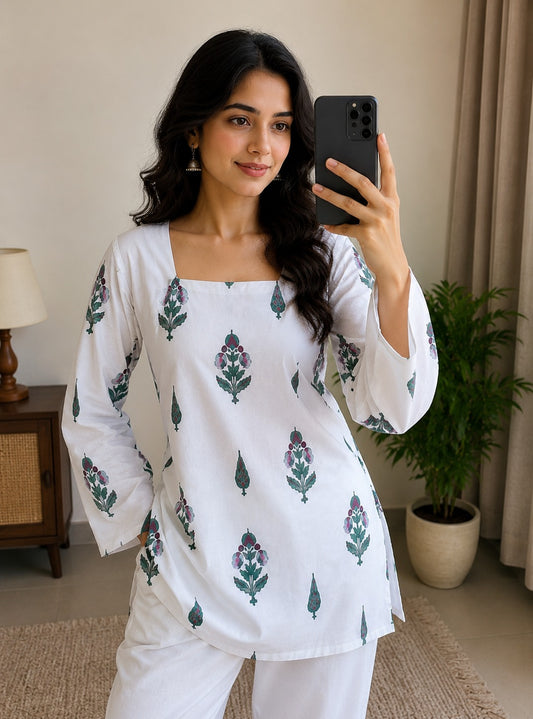 Women's White Floral Printed Cotton Tunic Kurti | Casual Straight Fit Top | AgrawalHeritage