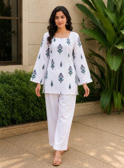 Women's White Floral Printed Cotton Tunic Kurti | Casual Straight Fit Top | AgrawalHeritage