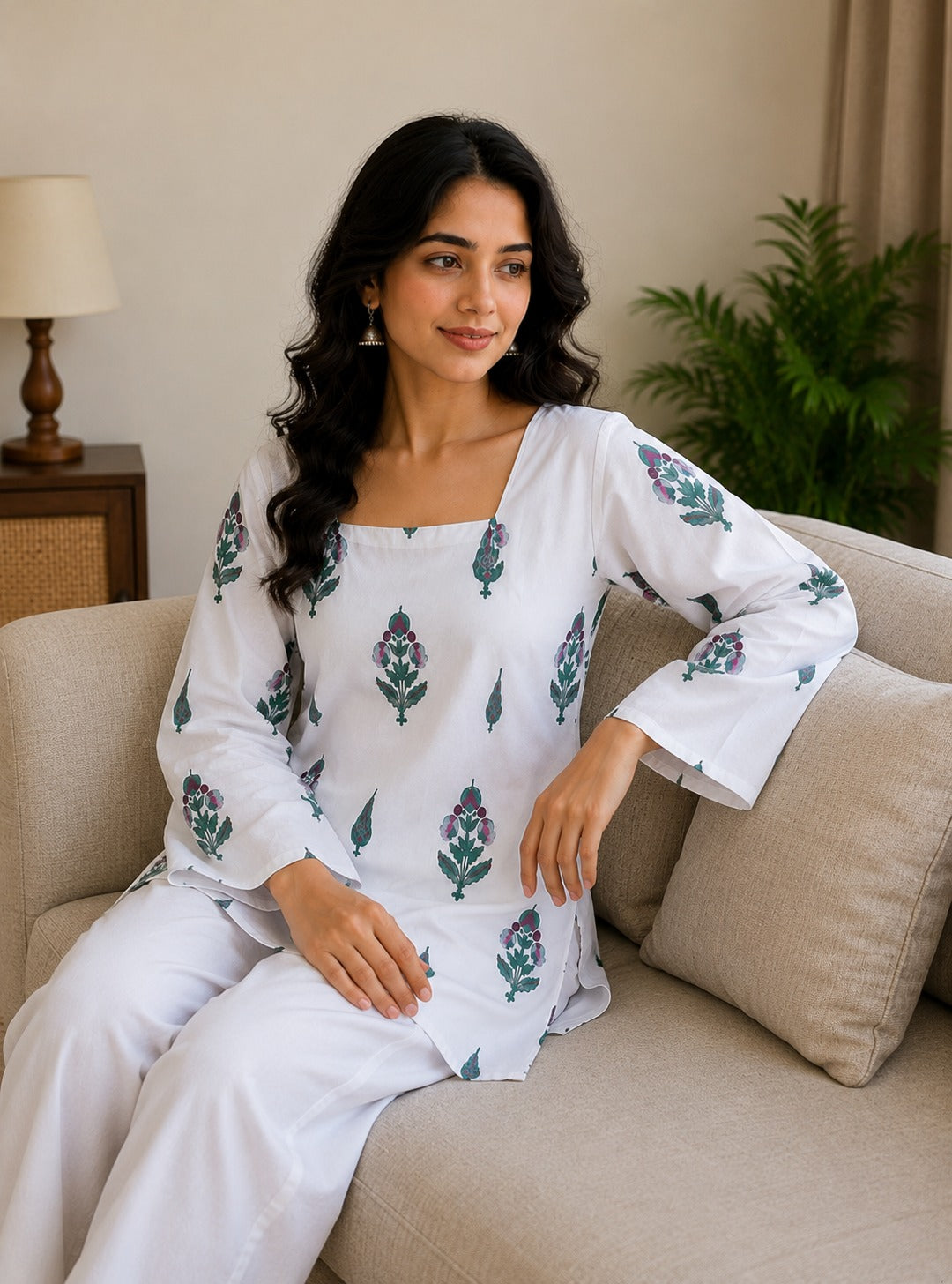 Women's White Floral Printed Cotton Tunic Kurti | Casual Straight Fit Top | AgrawalHeritage