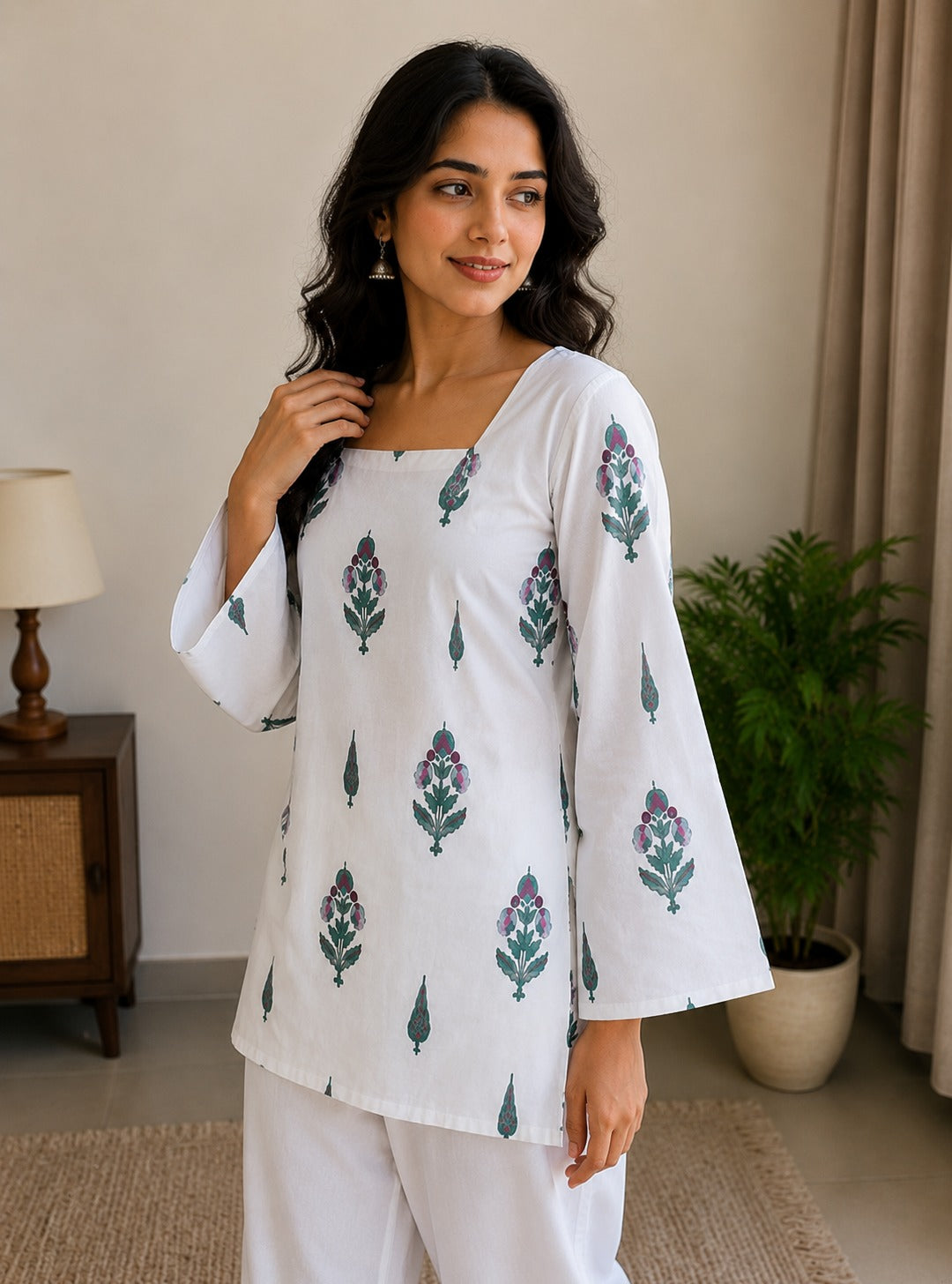 Women's White Floral Printed Cotton Tunic Kurti | Casual Straight Fit Top | AgrawalHeritage