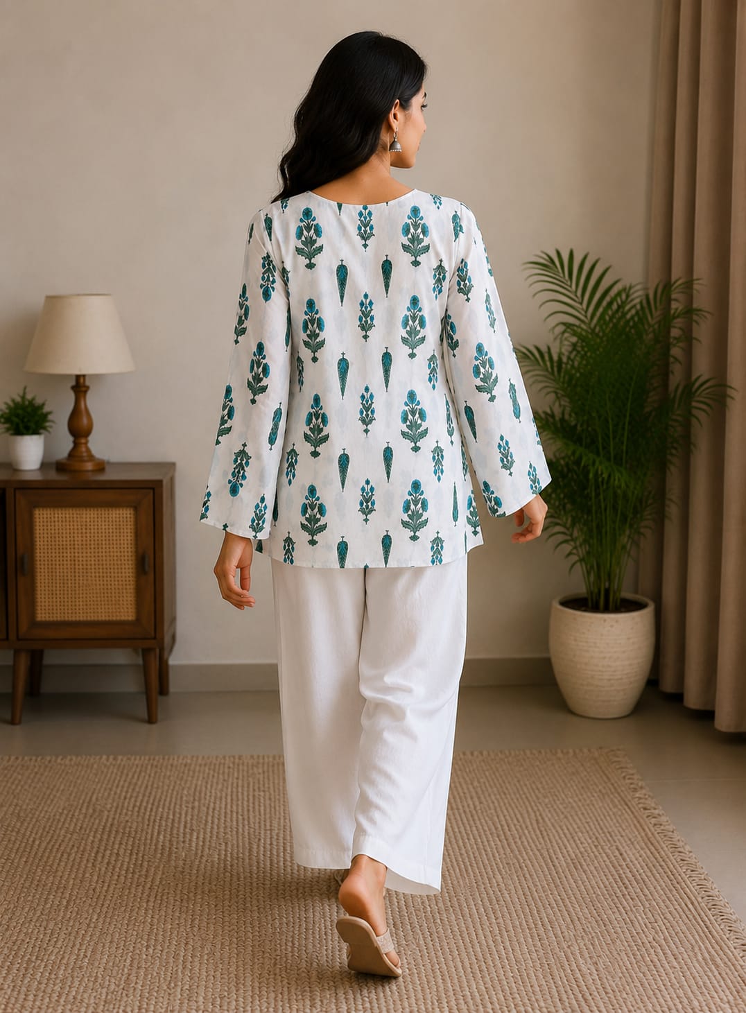 Women's White & Teal Floral Printed Cotton Tunic Kurti | Square Neck Casual Top | AgrawalHeritage
