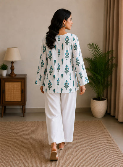 Women's White & Teal Floral Printed Cotton Tunic Kurti | Square Neck Casual Top | AgrawalHeritage