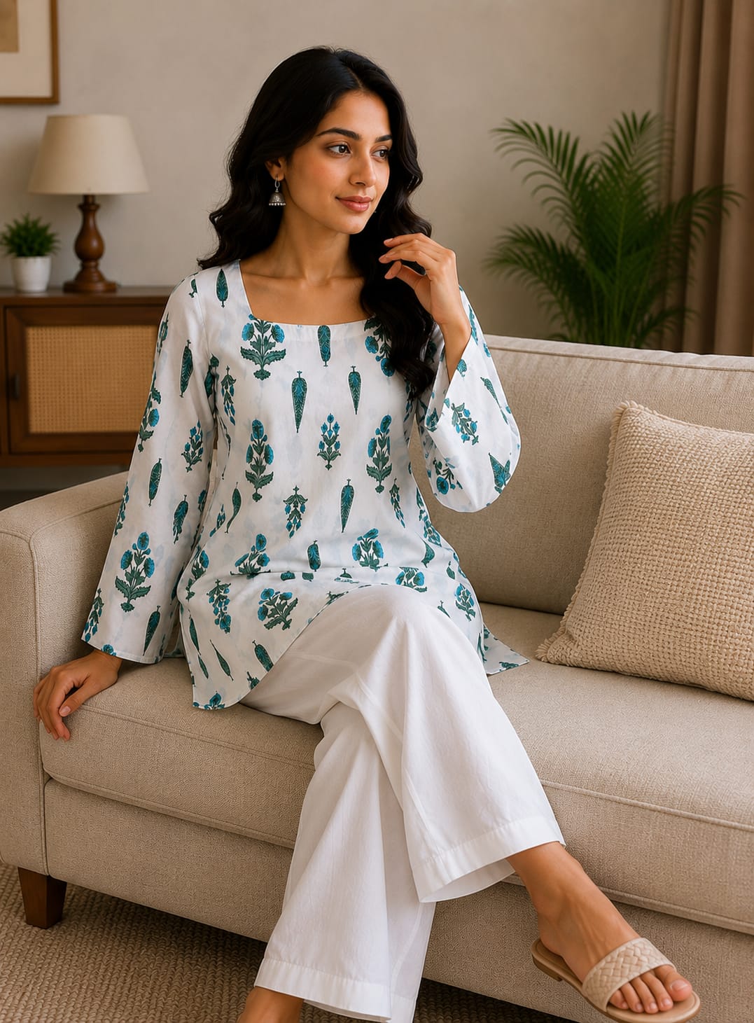 Women's White & Teal Floral Printed Cotton Tunic Kurti | Square Neck Casual Top | AgrawalHeritage