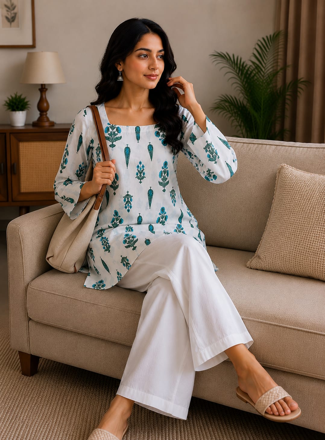 Women's White & Teal Floral Printed Cotton Tunic Kurti | Square Neck Casual Top | AgrawalHeritage