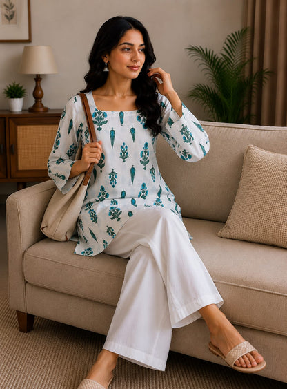 Women's White & Teal Floral Printed Cotton Tunic Kurti | Square Neck Casual Top | AgrawalHeritage