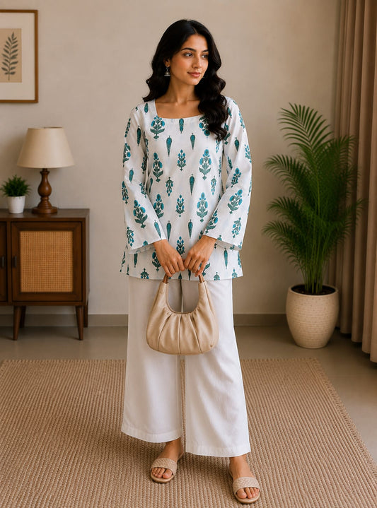 Women's White & Teal Floral Printed Cotton Tunic Kurti | Square Neck Casual Top | AgrawalHeritage